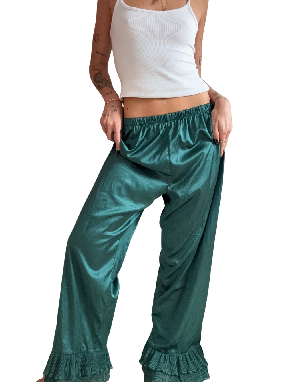 Satin Pants with Frill Hem
